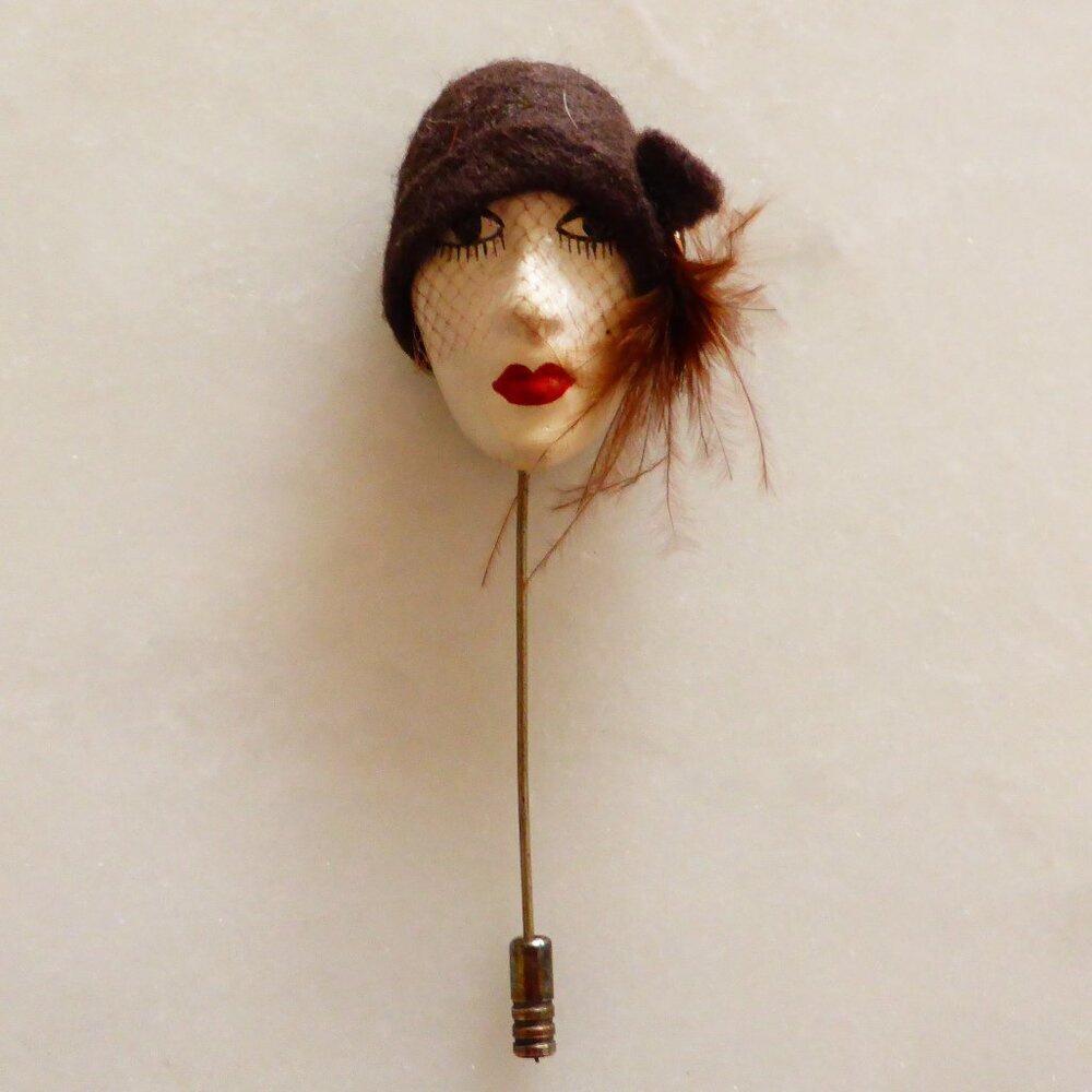 Beautiful Vintage French Flapper Stick Pin Brooch 1970s Collectible, Handpainted